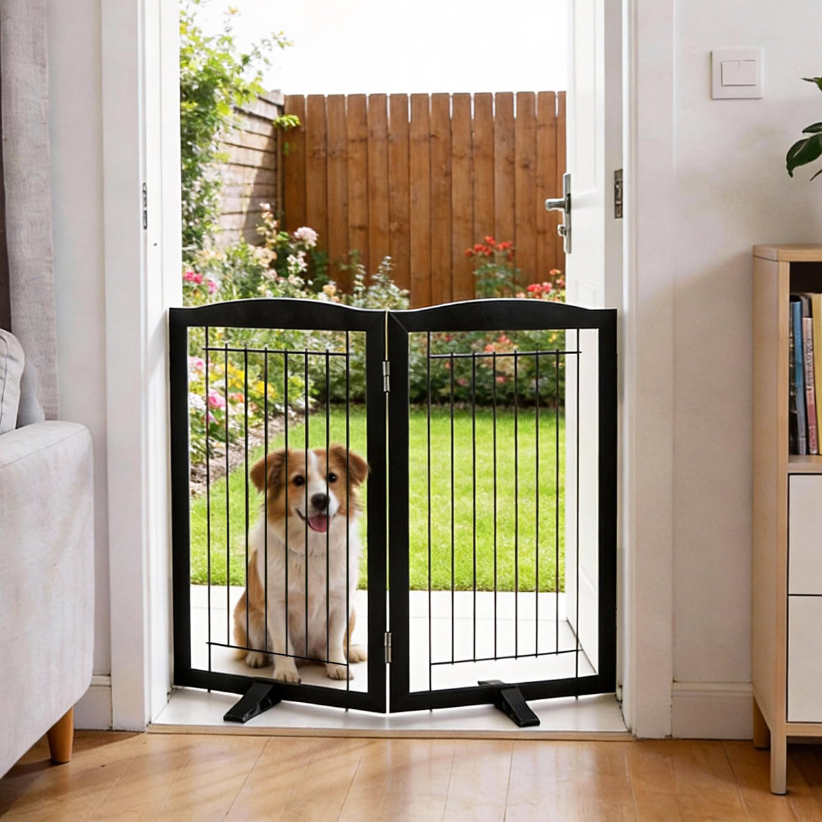 Dog Fence Indoor,Dog Gate Indoor for Doorway pet gate -3-Panel Freestanding, Hallways, House or Stairs -60x24-Inch Retractable Foldable Expandable Wood Pet by SFJC (Brown) ﻿
