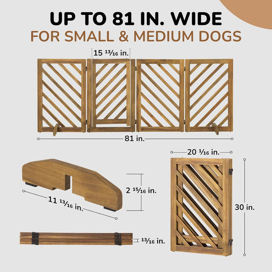 dCee Solid Acacia Wood Dog Gate, Freestanding Walk-Through Pet Gate, 81" 4-Panel Foldable Wooden Dog Gates with Door & 2 Support Legs for Doorways, Kitchen, Hall, Stairs, Indoor & Outdoor
