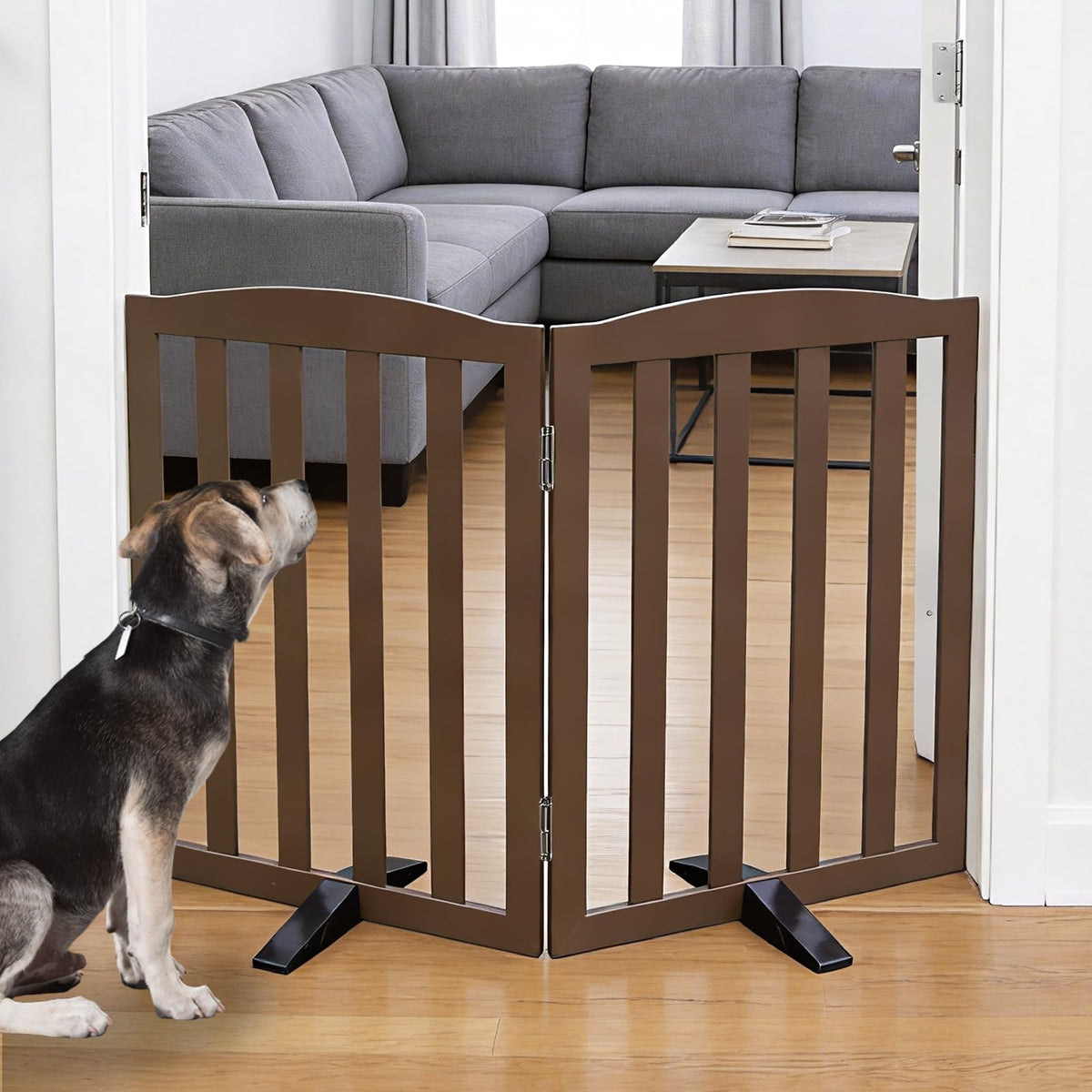ZJSF Foldable Freestanding Indoor Dog Gate for House Wood White Long Pet Gates Dog Fence for Stairs Puppy Gates for Hallways,Pet Fence, Puppy Gate,Support Feet Included 24 "Height-3 Panels