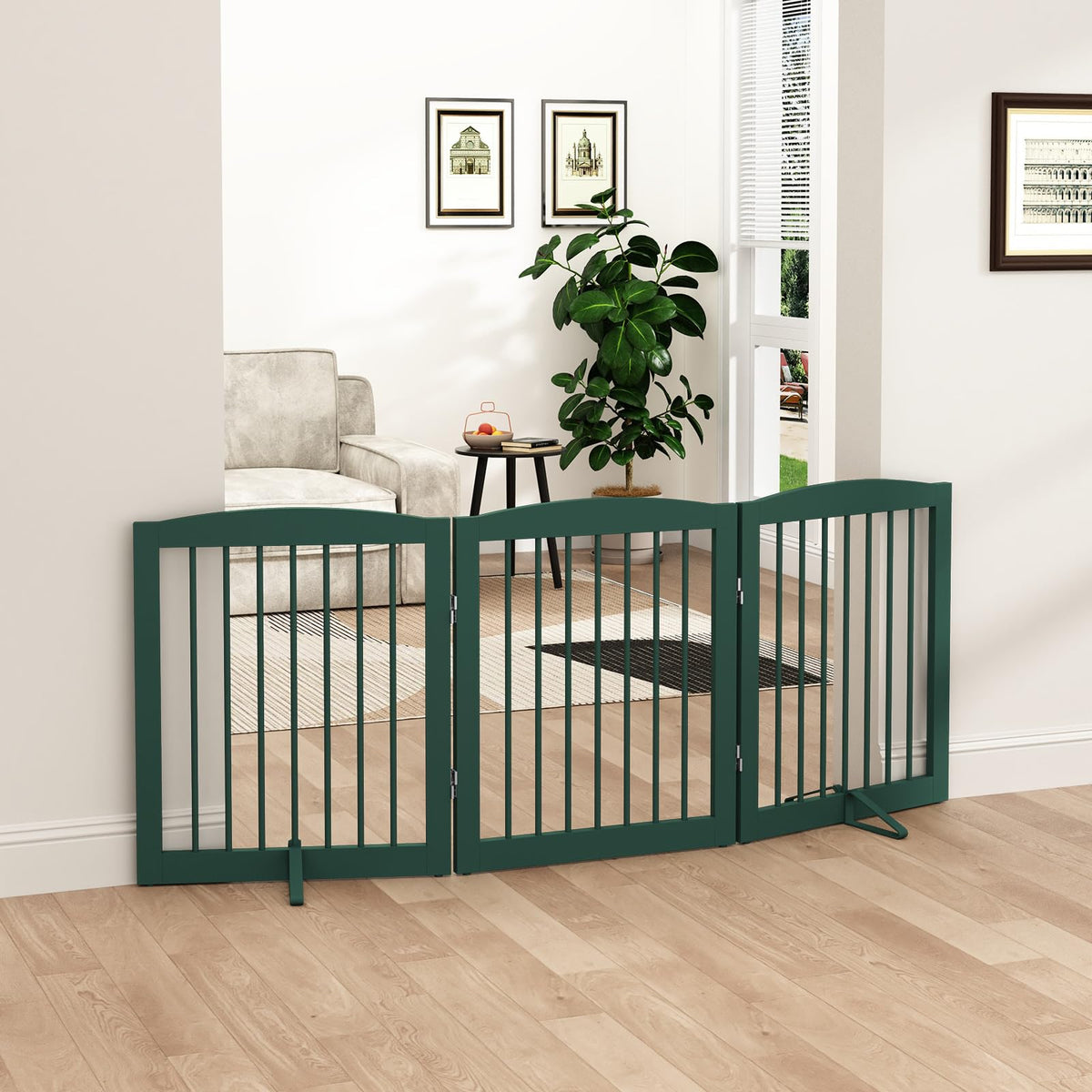 PUPETPO Freestanding Pet Gate for Dogs, Foldable Wooden Dog Gate for House, Indoor Pet Barrier for Stairs, Doorways, Support Feet Included, 24" Height 2 Panels, White