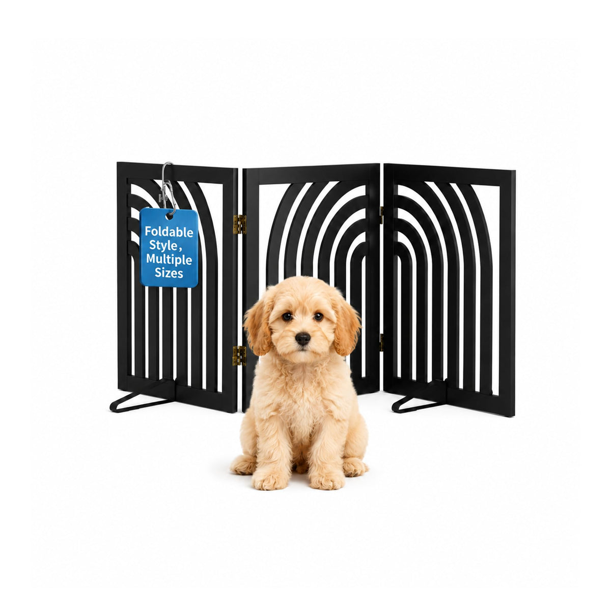 Semiocthome Dog Gate Wooden 360° Foldable 24 Inch Height Freestanding Pet Safety Gate with 2 Metals Stands for Puppy Indoor House Use (Brown, 2-Panel, Rounded Corner Pattern)
