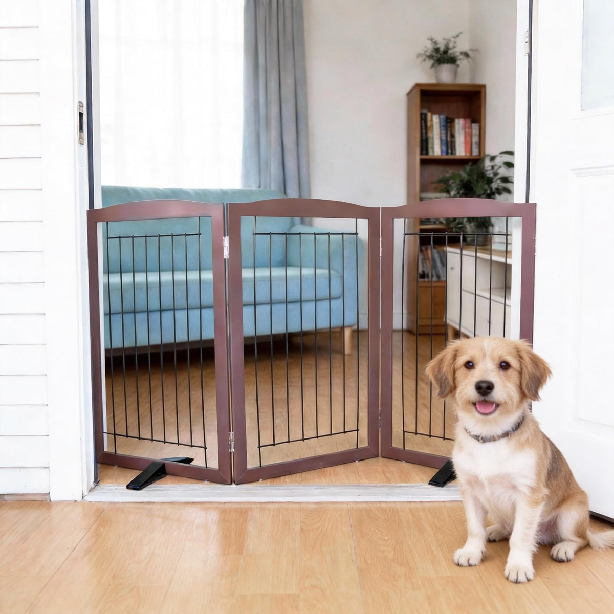 Dog Fence Indoor,Dog Gate Indoor for Doorway pet gate -3-Panel Freestanding, Hallways, House or Stairs -60x24-Inch Retractable Foldable Expandable Wood Pet by SFJC (Brown) ﻿