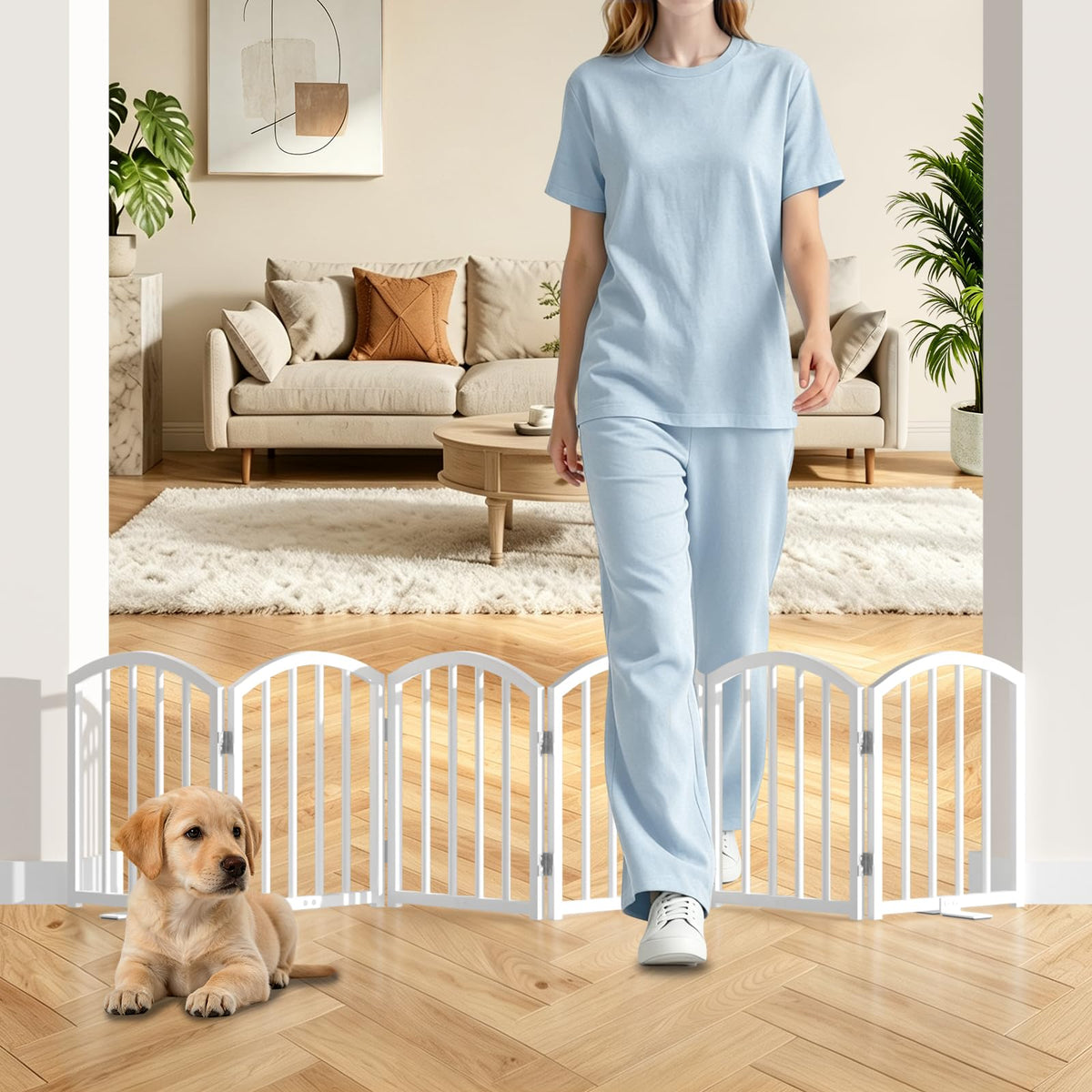 SNUOWU 16 Inch Full Metal Freestanding Short Dog Gate for Small Dogs, Foldable 4-Panel Pet Barrier, Expands Up to 48" Wide, Indoor Safety Fence for Doorway, Home & Stairs, White