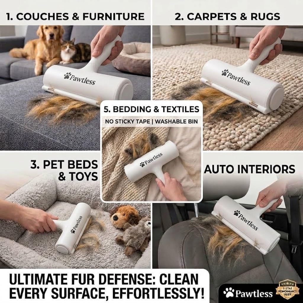 Pet Hair Remover Roller for Couch, Furniture & Carpet – Reusable Dog and Cat Hair Removal Tool, Lint Roller for Cat & Dog on Carpet, Car, Rugs & Bedding – Eco-Friendly, No Refills Needed