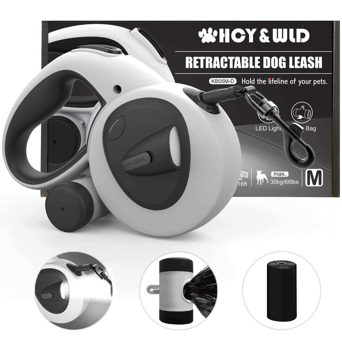 4-in-1 Retractable Dog Leash with LED Light & Dispenser & Poop Bags