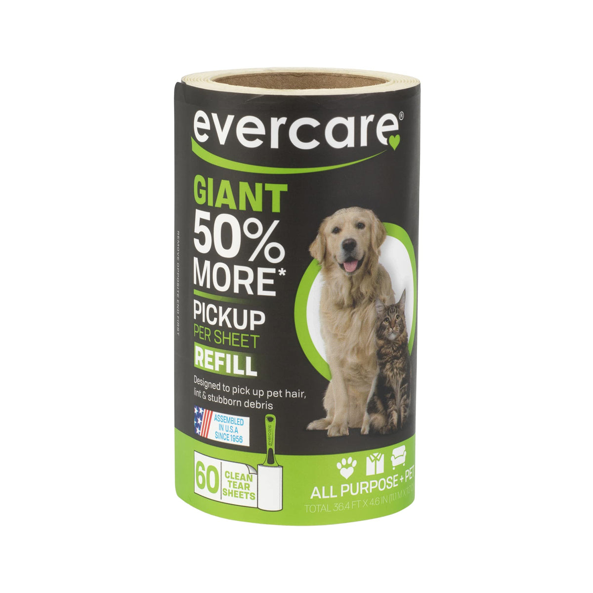 Evercare Pet Lint Roller Refill, Manual Operation, 60 Sheets per Roll, 6 Count Refill Pack for Pet Hair Removal, Green