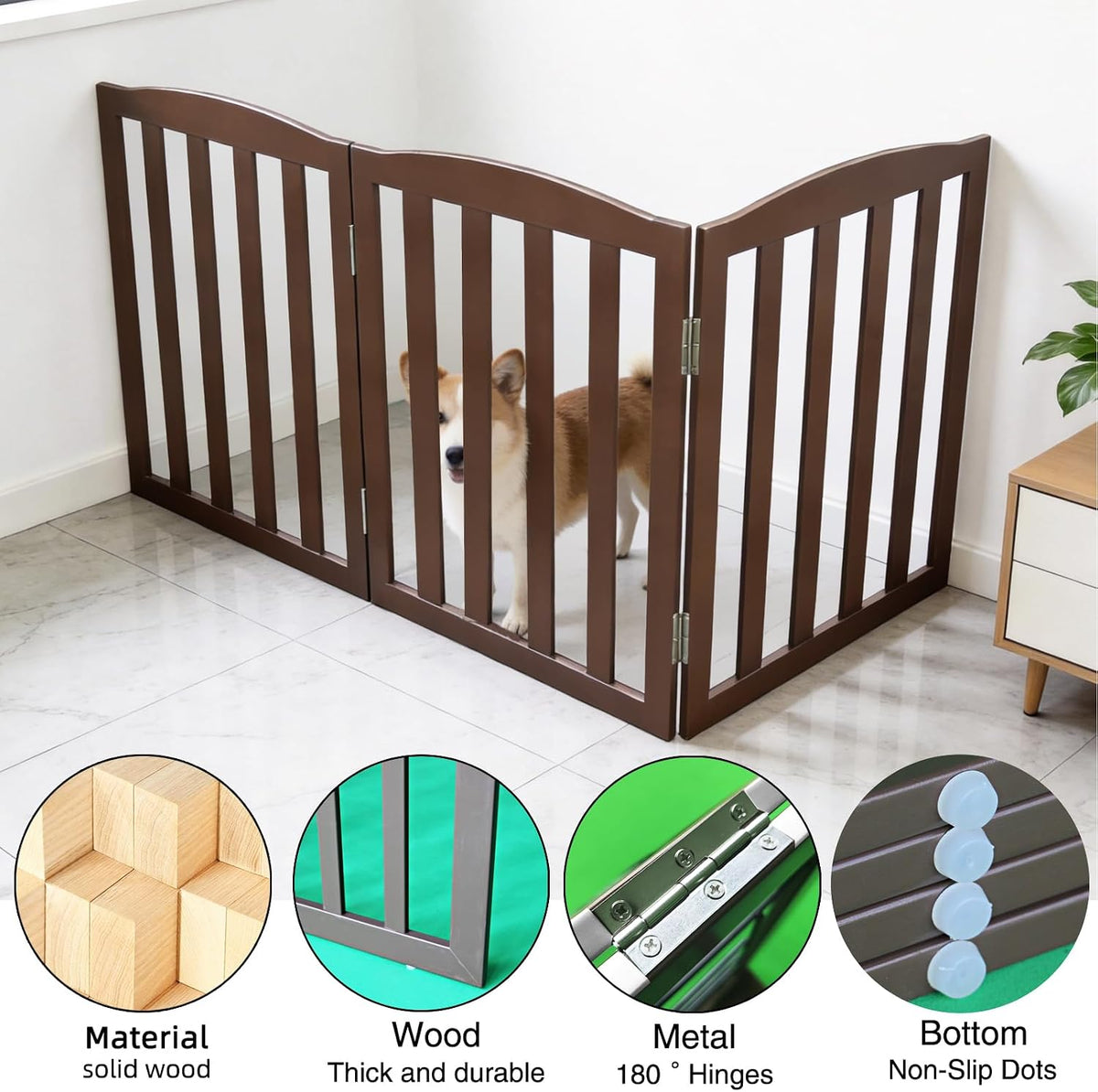 ZJSF Foldable Freestanding Indoor Dog Gate for House Wood White Long Pet Gates Dog Fence for Stairs Puppy Gates for Hallways, Puppy Gate,Support Feet Included, Brown, 24 "Height-3 Panels