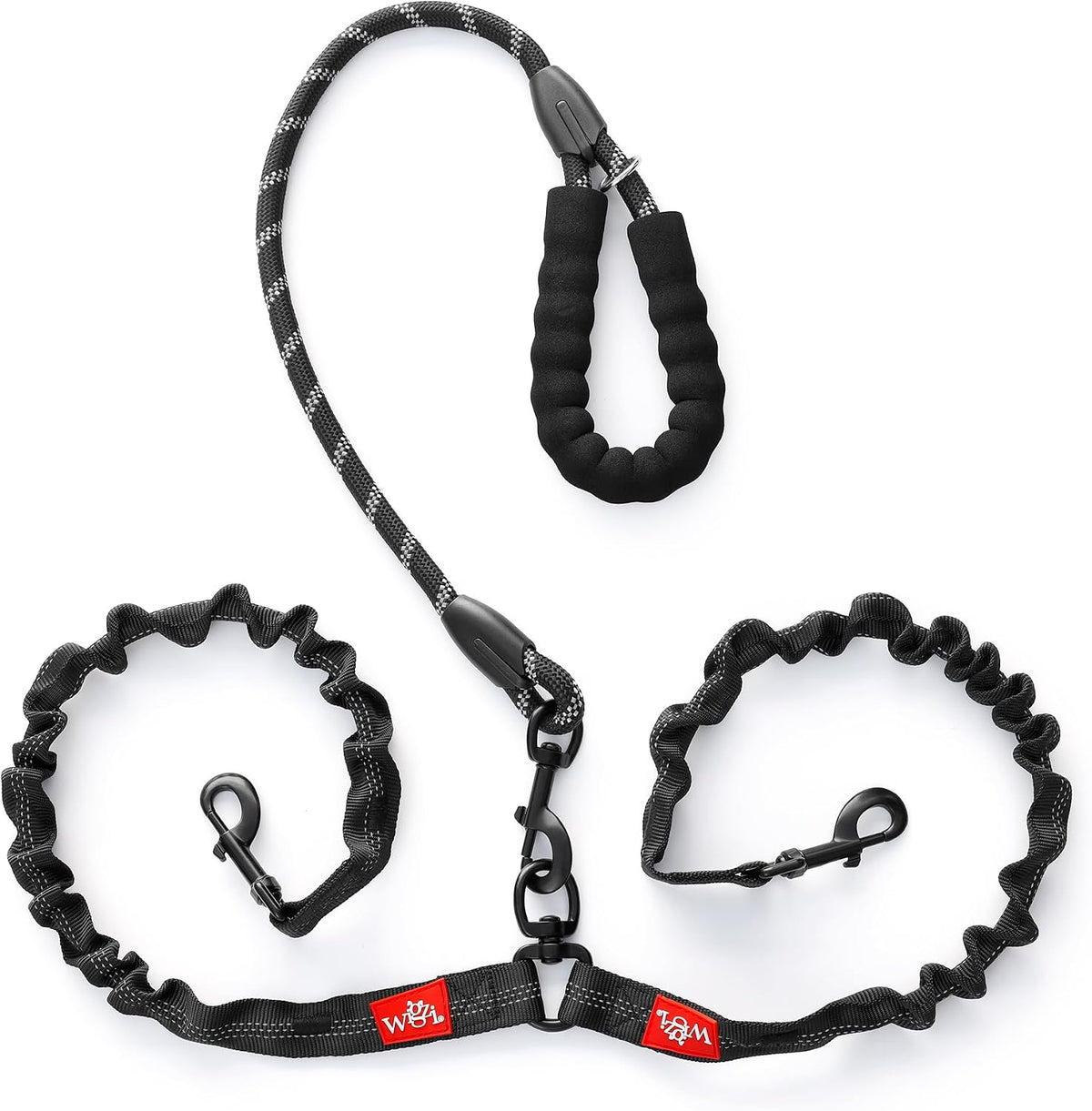 Double Dog Leash, 360° Swivel, No Tangle, for Two Dogs 20-175 lbs, Split Leash, Reflective and Shock-Absorbing Bungee, Padded Handle, Heavy-Duty Rope, Black