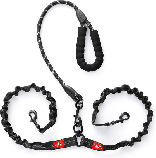Double Dog Leash, 360° Swivel, No Tangle, for Two Dogs 20-175 lbs, Split Leash, Reflective and Shock-Absorbing Bungee, Padded Handle, Heavy-Duty Rope, Black