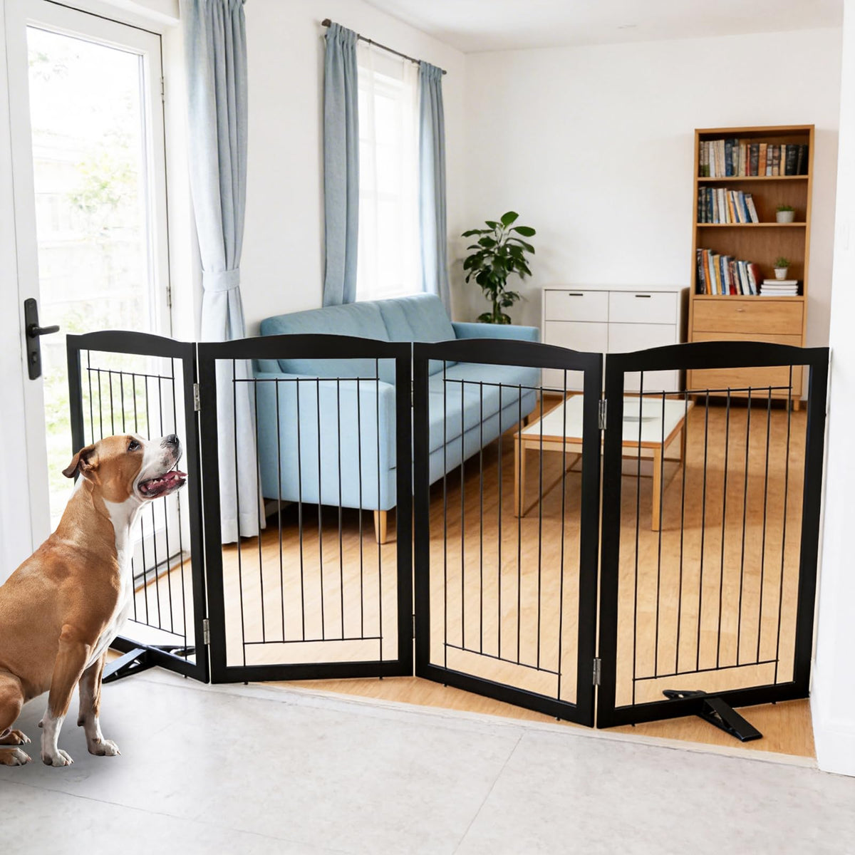 ZJSF Freestanding Dog Fence Indoor, Foldable Dog Gate for Doorways, Stairs or Hallways, Sturdy Wood Extra Wide Pet Gate with Support Feet for The House, White, 24 "Height-3 Panels