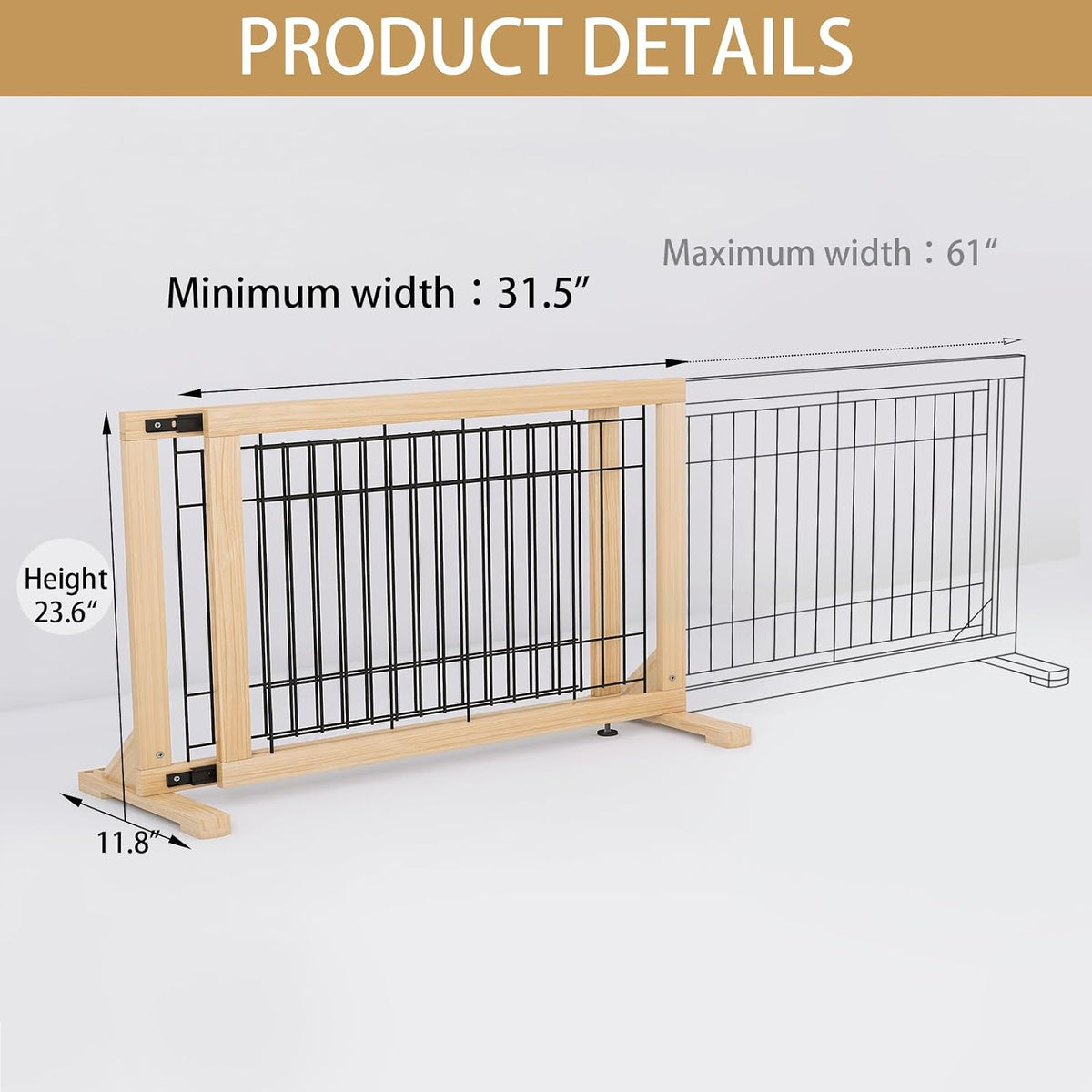 YOCAN Freestanding Wooden Dog Gate Indoor, 23.6" Tall, 31.5-61" Wide