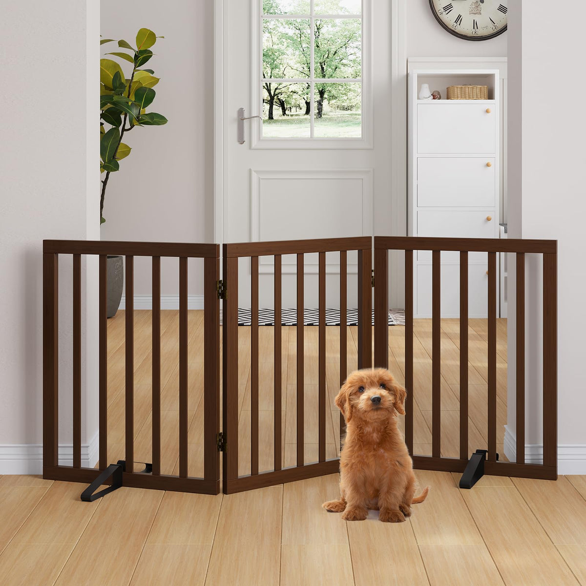 Semiocthome Dog Gate Indoor 2-Panel Freestanding Puppy Gates for The House with 2 Metal Stands 24" H Folding Wood Pet Gate for Stairs Doorway, Fully Assembled Safety Fence - Walnut