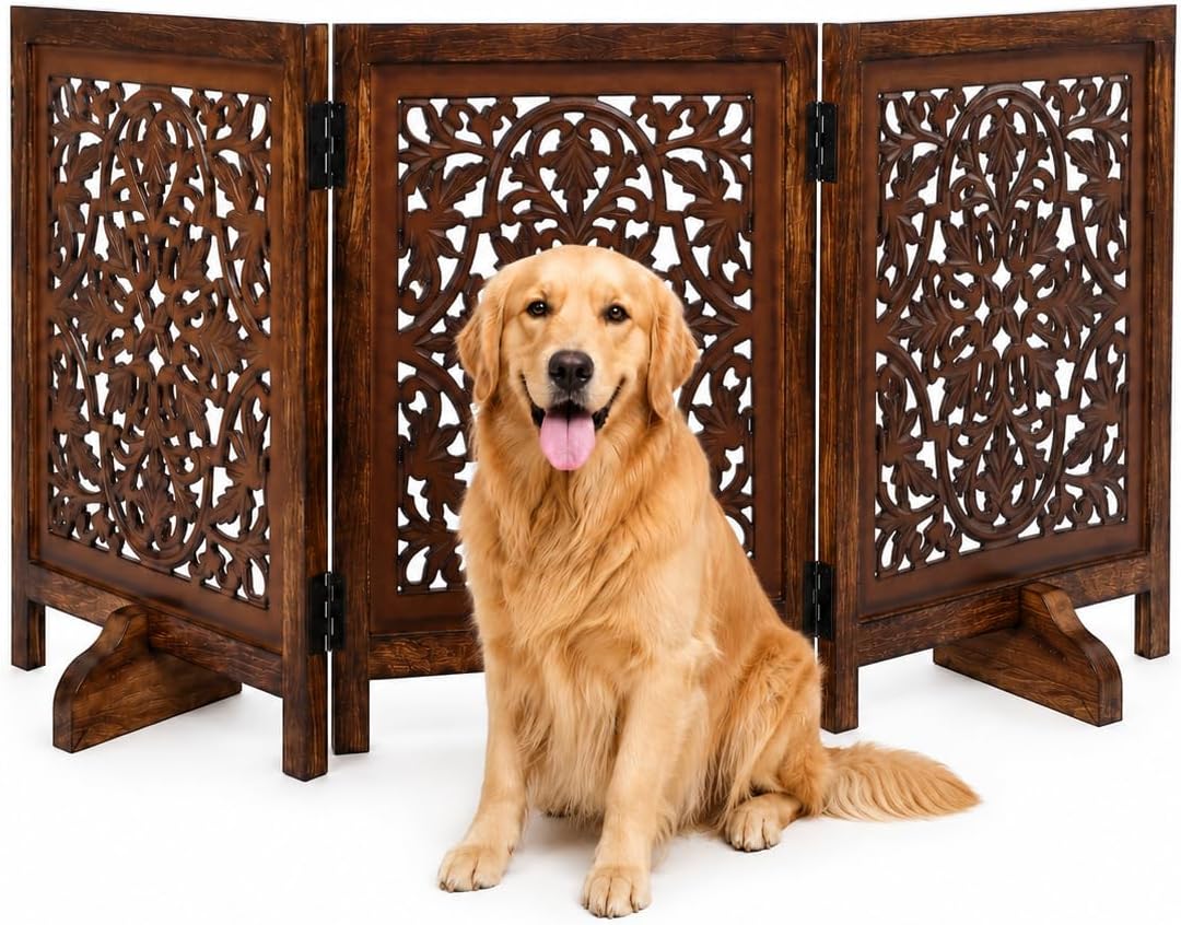 Dog Gate Freestanding 60x24, Burnt Daisy, Folding 3 Panel