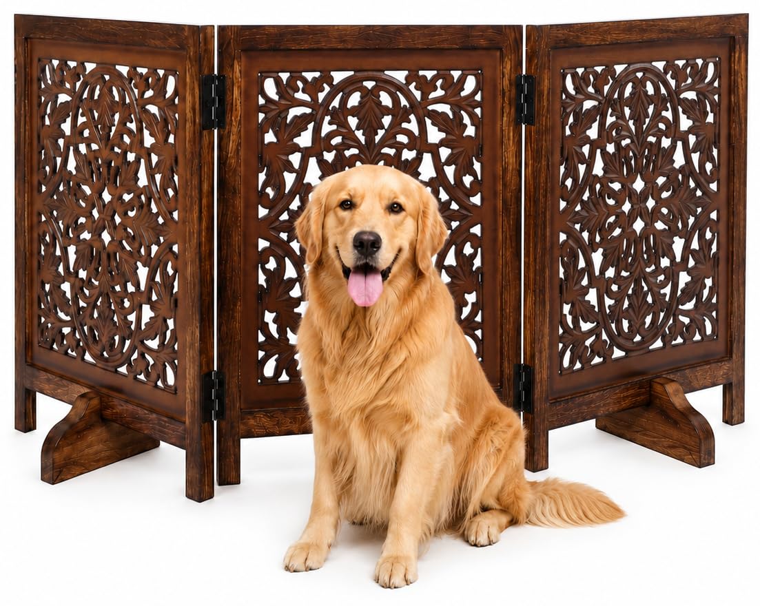 Dog Gate Freestanding 60x24, Burnt Daisy, Folding 3 Panel