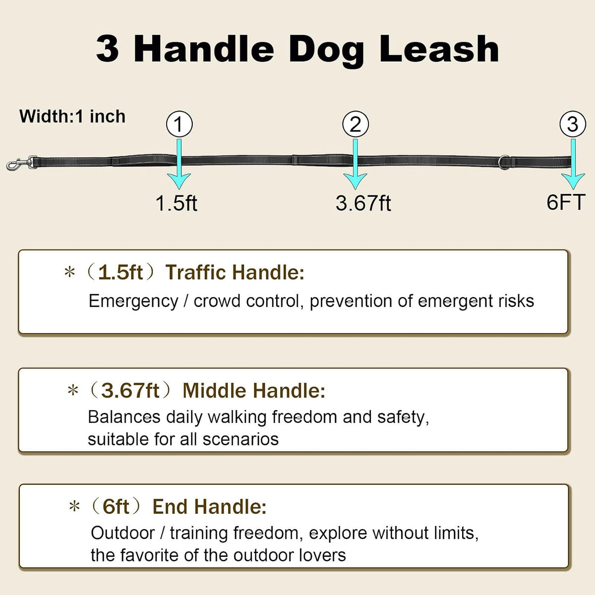 Triple Handle 6 ft Dog Leash with Padded Traffic Handles, Heavy Duty Reflective Walking Lead for Training Control, Strong Nylon Leashes for Medium Large Breed Dogs (Black)