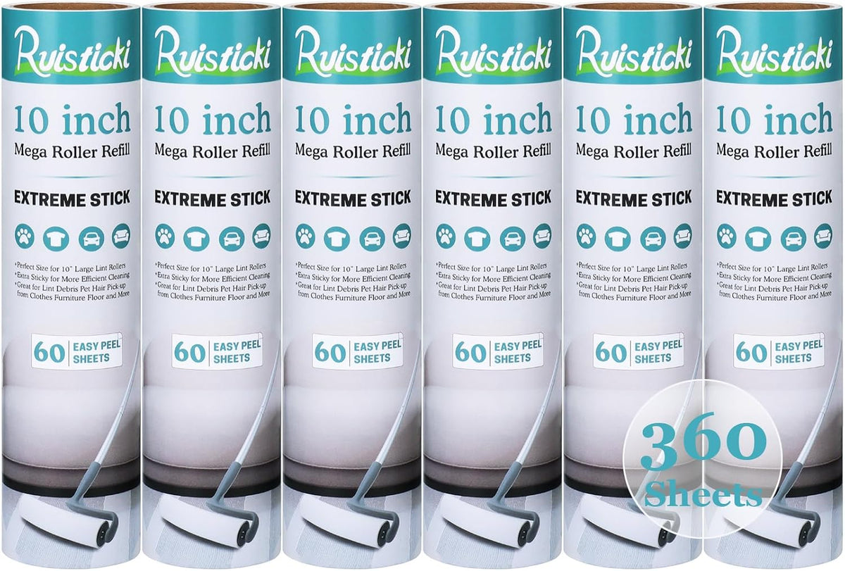 10 inch Large Lint Roller Refill Compatible with Evercare Layers Smart Design Mega Lint Rollers for Pet Hair Extra Sticky 60 Sheets per Refill, 6 Pack, 360 Sheets Total