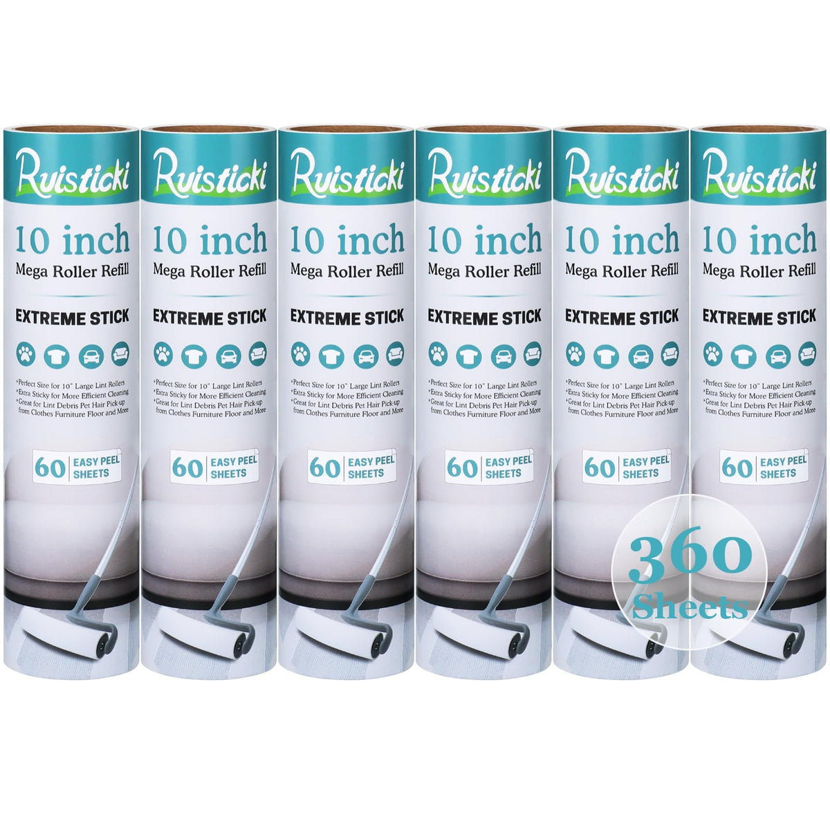 10 inch Large Lint Roller Refill Compatible with Evercare Layers Smart Design Mega Lint Rollers for Pet Hair Extra Sticky 60 Sheets per Refill, 6 Pack, 360 Sheets Total