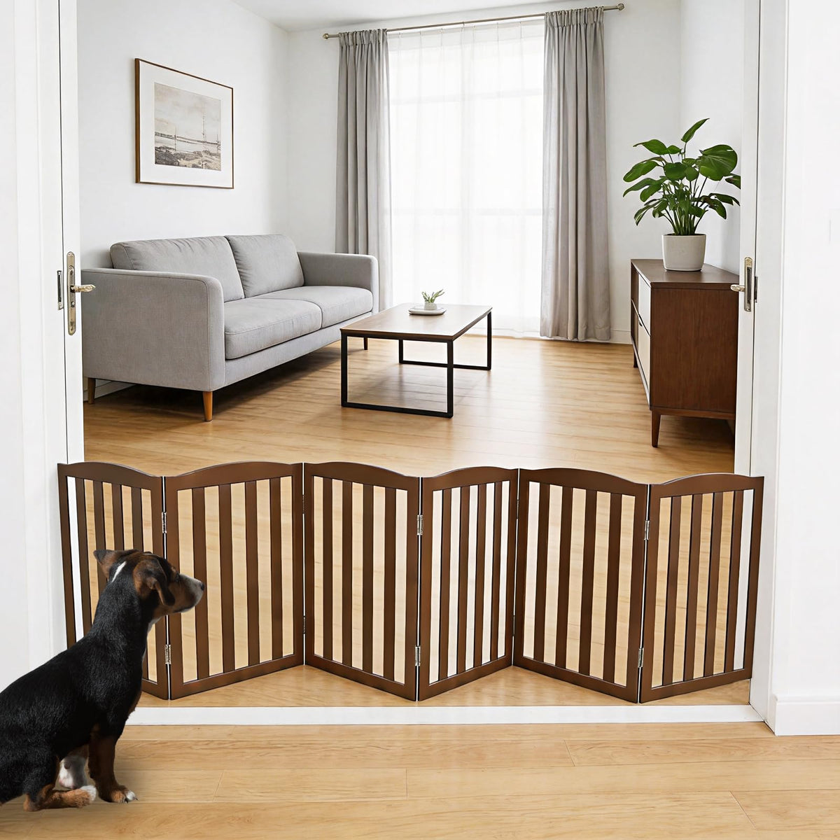 ZJSF Foldable Freestanding Indoor Dog Gate for House Wood White Long Pet Gates Dog Fence for Stairs Puppy Gates for Hallways, Puppy Gate,Support Feet Included, Brown, 24 "Height-3 Panels