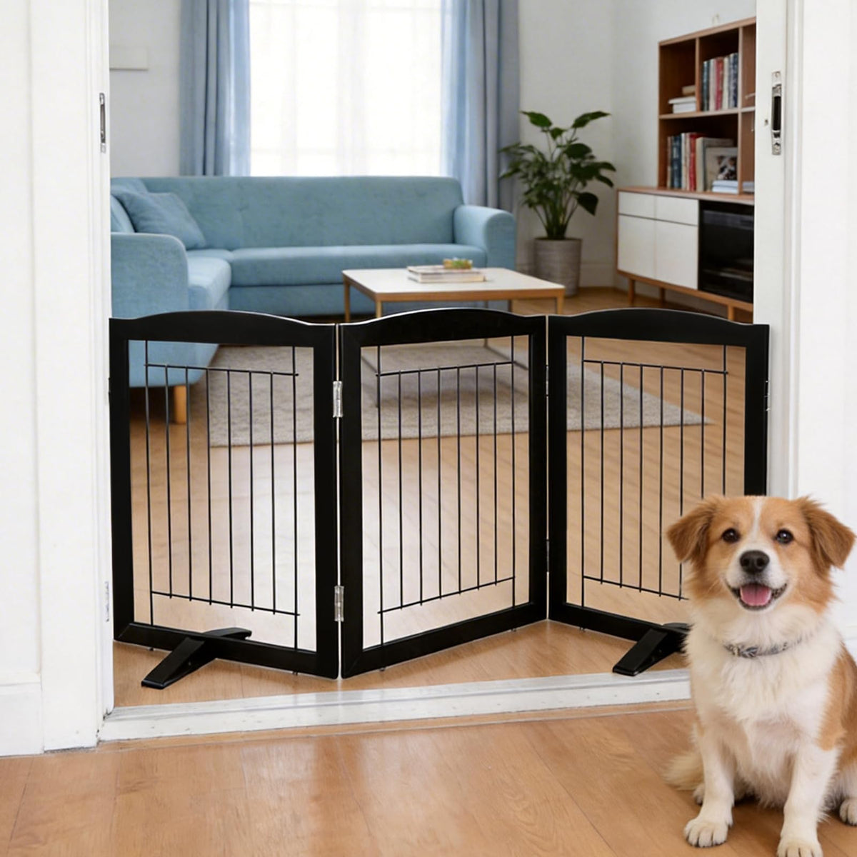 ZJSF Freestanding Dog Fence Indoor, Foldable Dog Gate for Doorways, Stairs or Hallways, Sturdy Wood Extra Wide Pet Gate with Support Feet for The House, White, 24 "Height-3 Panels