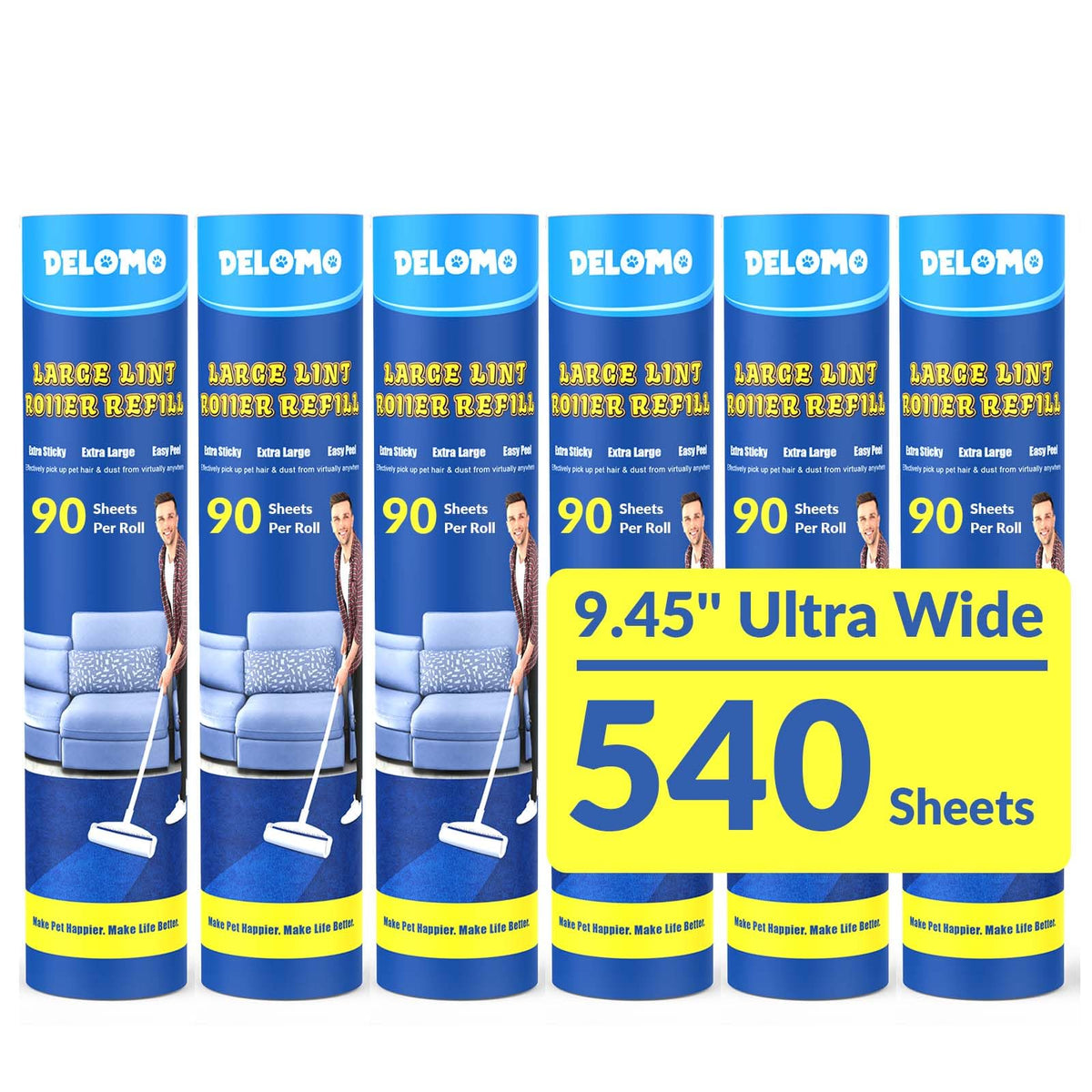 DELOMO 9.45” Large Lint Roller for Pet Hair, Long & Short Handles, 2 Packs