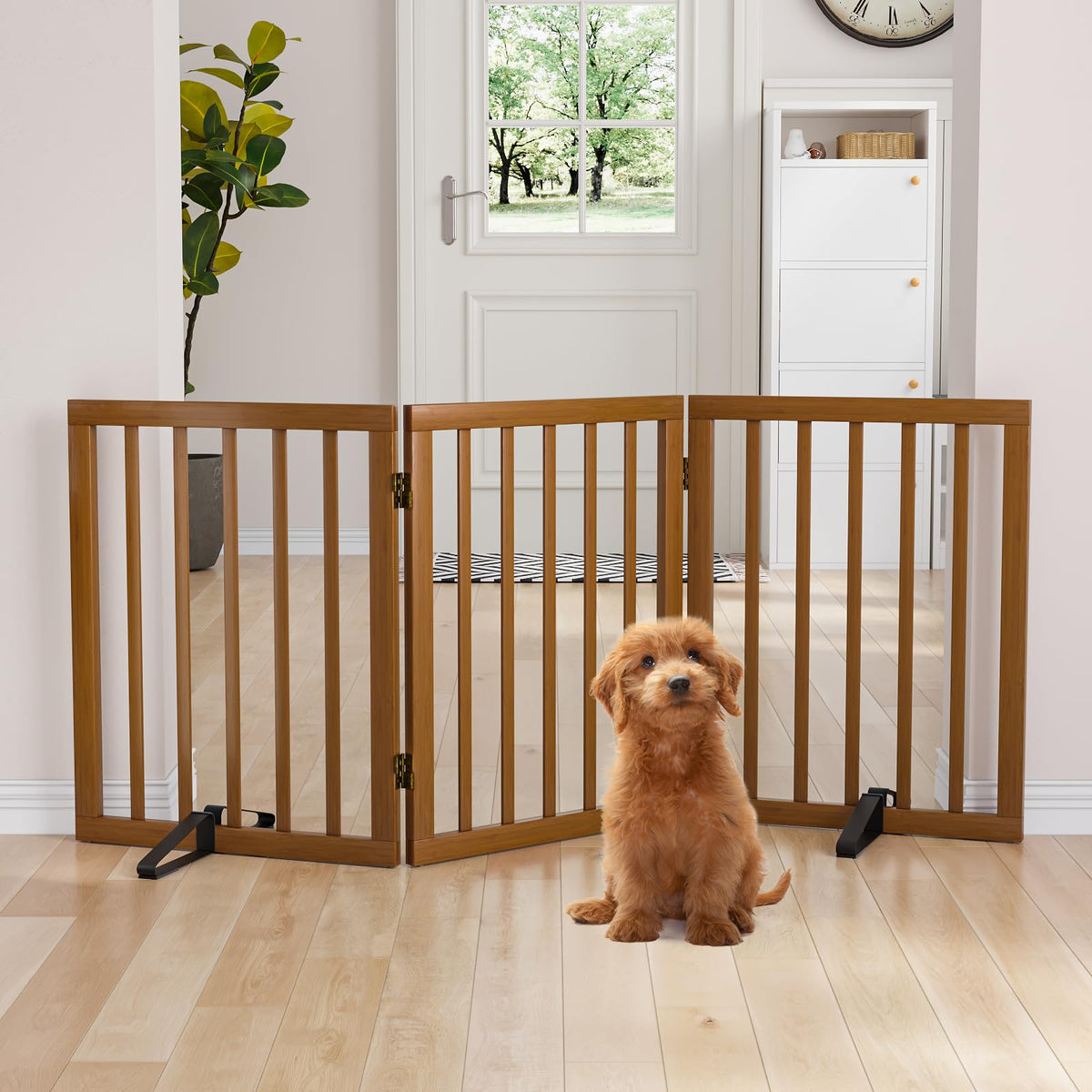 Semiocthome Dog Gate Indoor 2-Panel Freestanding Puppy Gates for The House with 2 Metal Stands 24" H Folding Wood Pet Gate for Stairs Doorway, Fully Assembled Safety Fence - Walnut