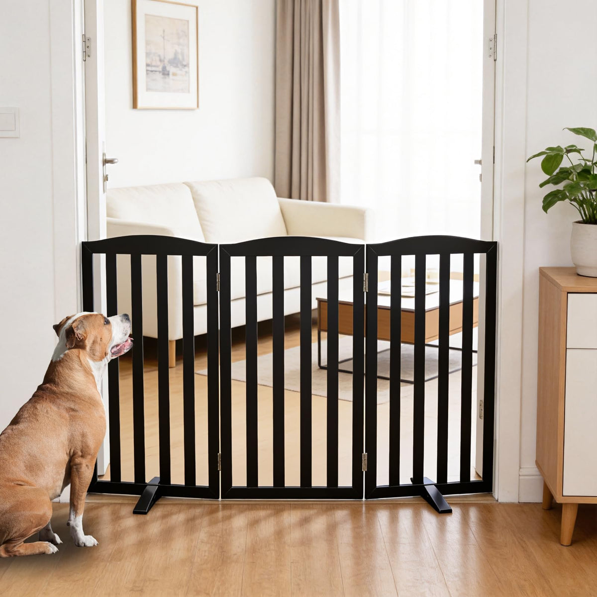Freestanding Dog Gate Indoor,Doggie Gate Foldable Pet Gates for Doorways,Stairs or Hallways, Wooden Brown Pet Gate for the House, Pet Fence with Support Feet Included,24 "Height-2 Panels