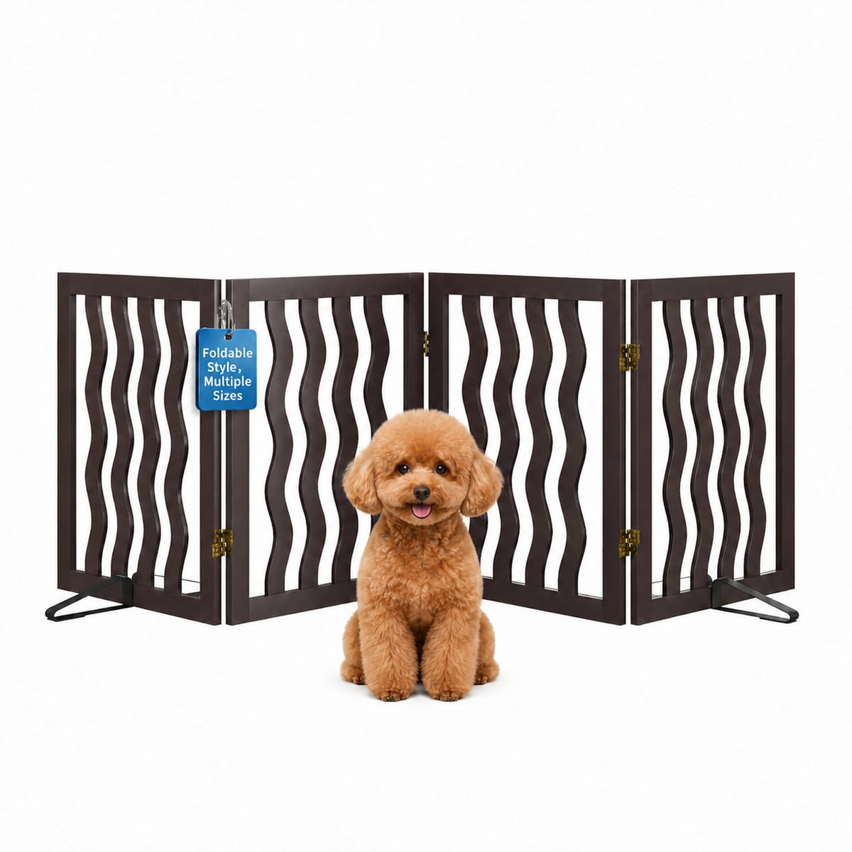 Semiocthome Dog Gate Wooden 360° Foldable 24 Inch Height Freestanding Pet Safety Gate with 2 Metals Stands for Puppy Indoor House Use (Brown, 2-Panel, Rounded Corner Pattern)