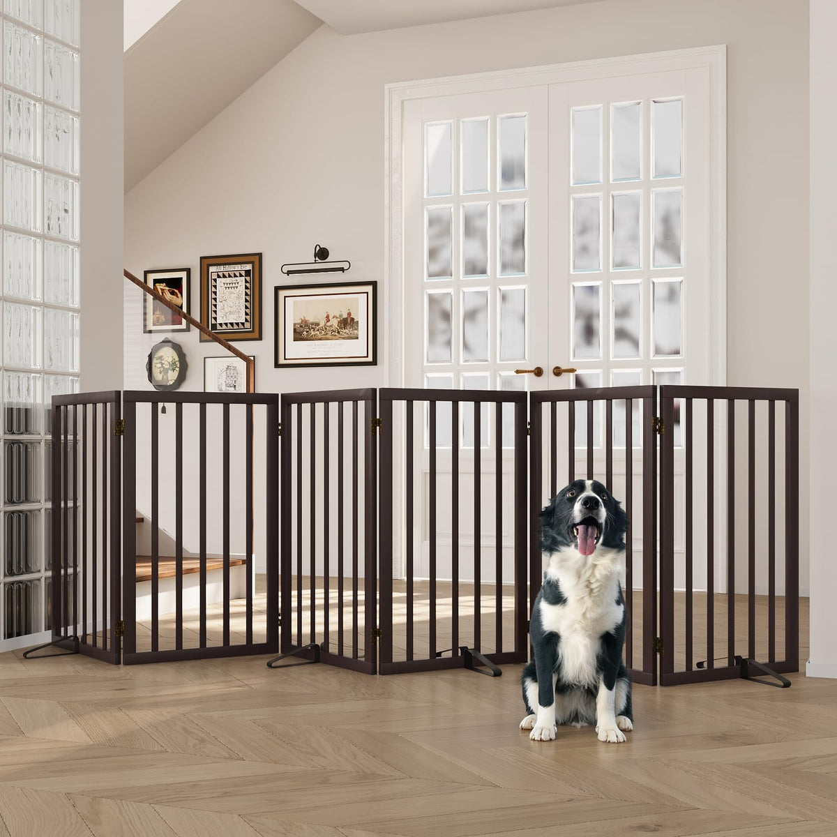 Semiocthome Dog Gate Indoor 2-Panel Freestanding Puppy Gates for The House with 2 Metal Stands 24" H Folding Wood Pet Gate for Stairs Doorway, Fully Assembled Safety Fence - Walnut