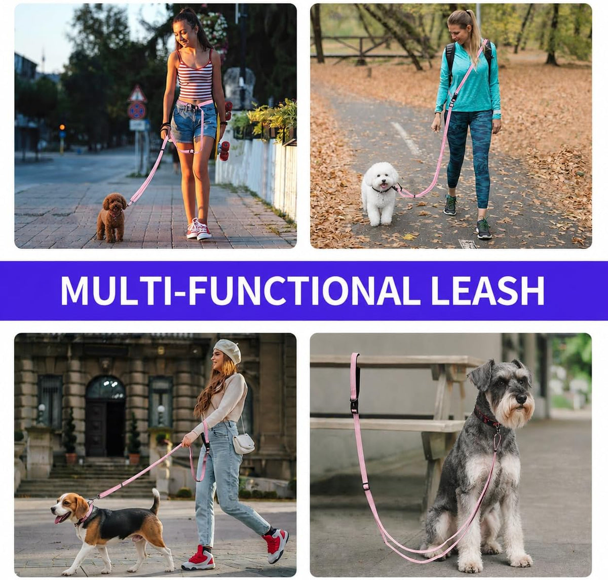 Kazazoo Hands-Free Dog Leash Adjustable Length 5-8 Ft,Waist & Crossbody Leash for Walking with Small Dogs Bichon Frisé & Teddy Reflective Strips, Ballistic Nylon, Waist Belt, Lightweight Pink