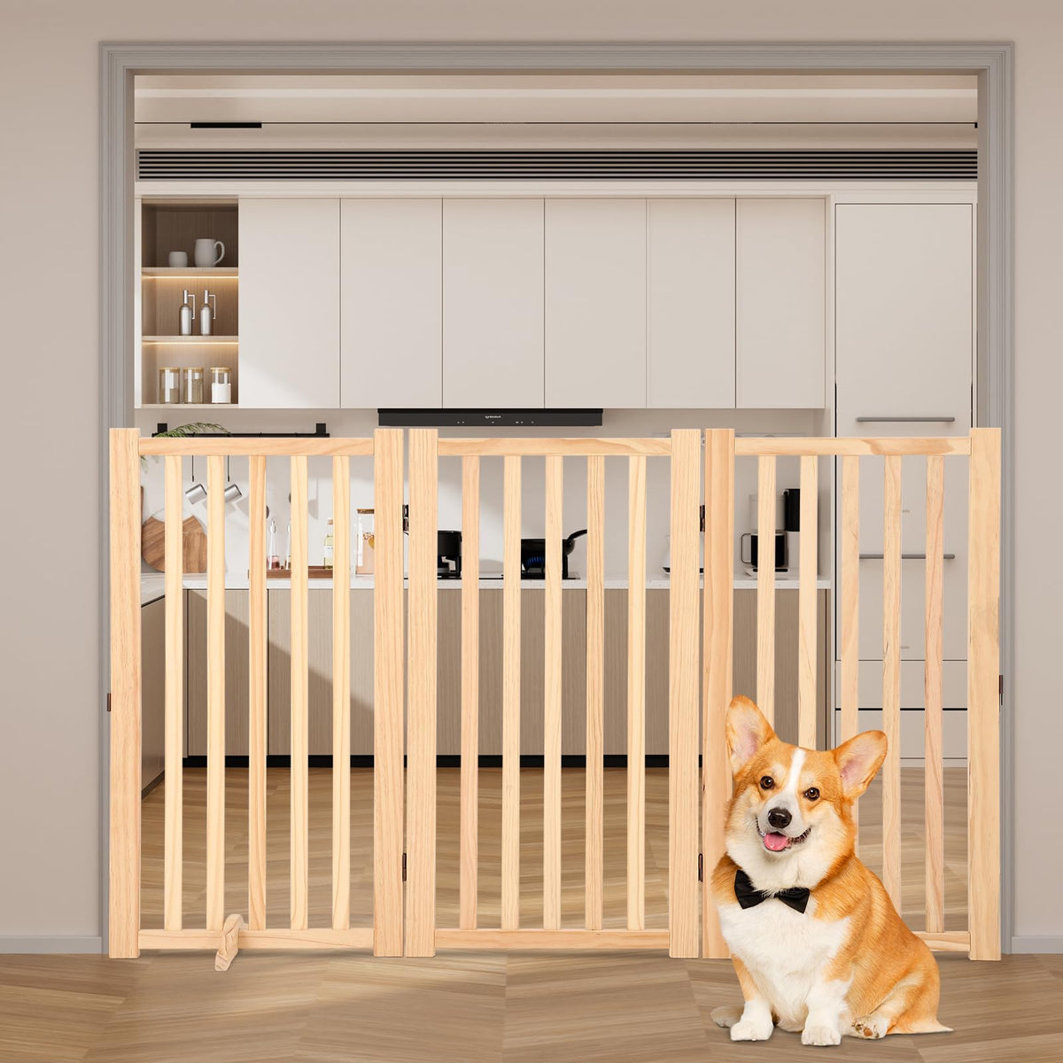 Wooden Freestanding Dog Gate, Foldable Pet Gate with Support Feet, Indoor Dog Fence for The House,Doorways, Stairs，Expandable Pet Fence -3 Panel H:24”