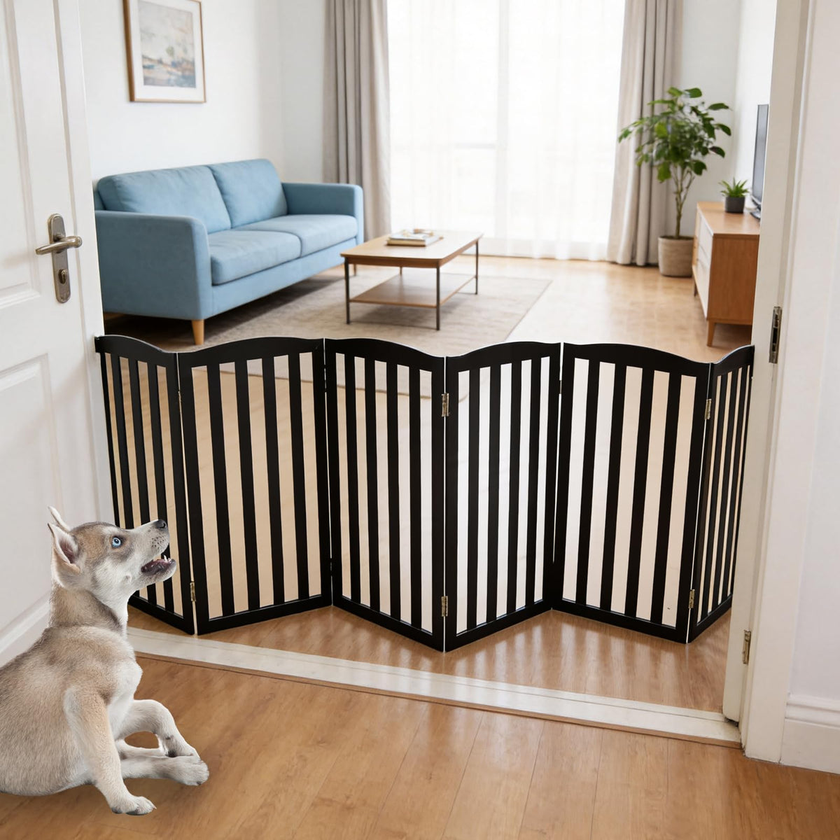 ZJSF Foldable Freestanding Indoor Dog Gate for House Wood White Long Pet Gates Dog Fence for Stairs Puppy Gates for Hallways, Puppy Gate,Support Feet Included, Brown, 24 "Height-3 Panels