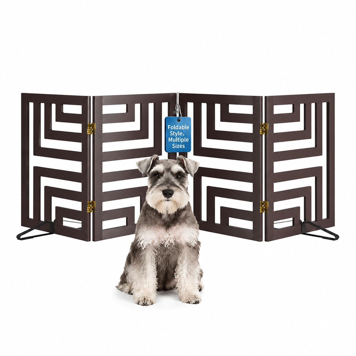 Semiocthome Dog Gate Wooden 360° Foldable 24 Inch Height Freestanding Pet Safety Gate with 2 Metals Stands for Puppy Indoor House Use (Brown, 2-Panel, Rounded Corner Pattern)