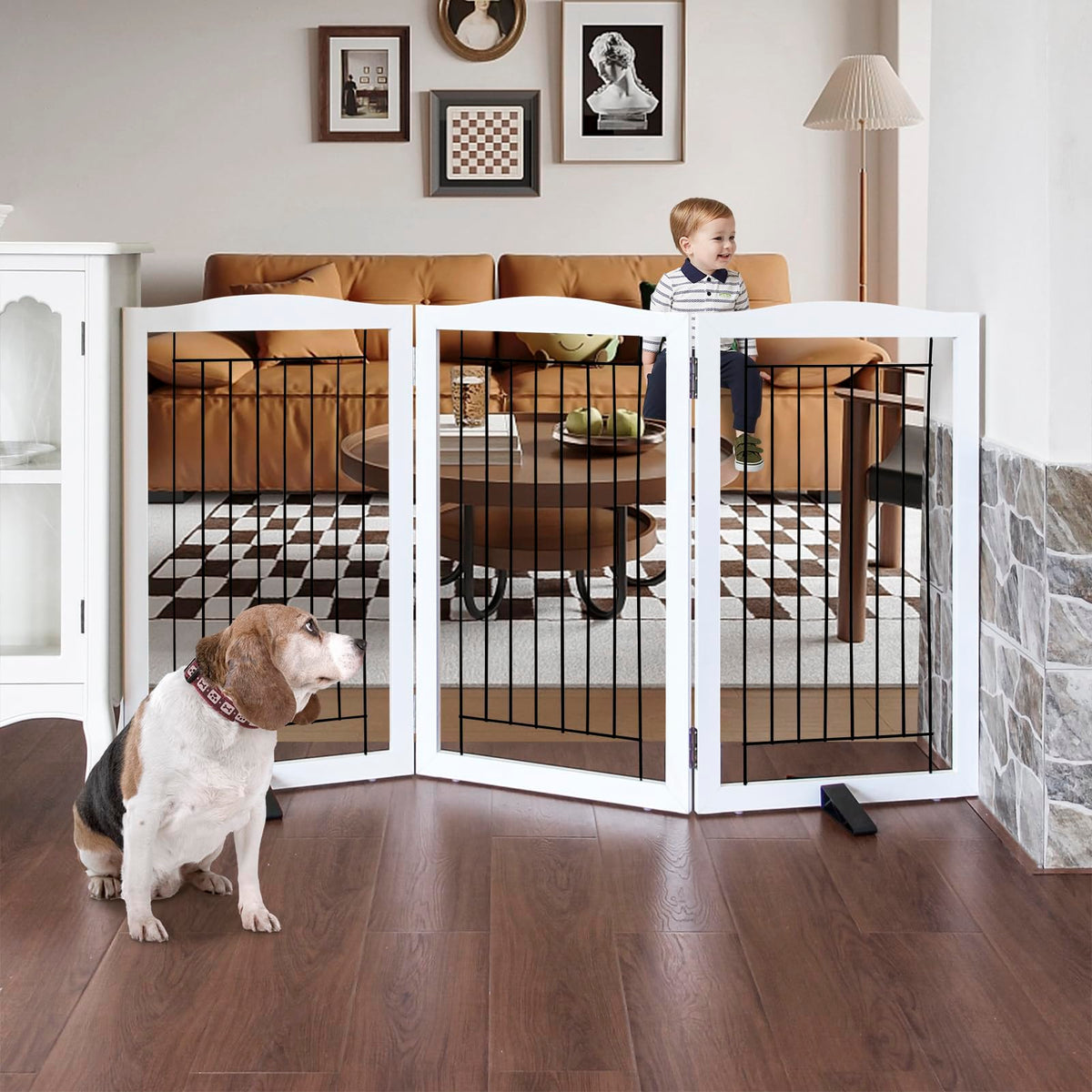 ZJSF Freestanding Dog Fence Indoor, Foldable Dog Gate for Doorways, Stairs or Hallways, Sturdy Wood Extra Wide Pet Gate with Support Feet for The House, White, 24 "Height-3 Panels