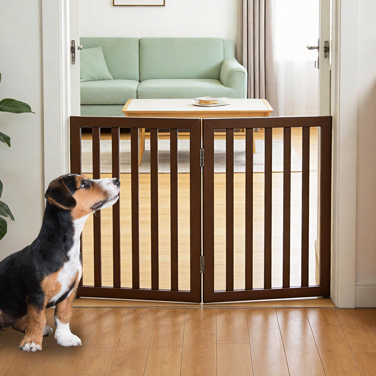 Dog Gate Indoor, Freestanding Dog Fence for The House, Doorways, Hallways,or Stairs,Pet Gate Foldable Wooden,Expandable 24" Height 3 Panels,Brown