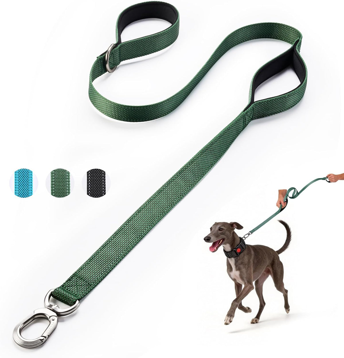 Heavy Duty Dog Leash with Easy Lock Metal Clip, Reflective, Padded Handle - Durable 4ft Walking Training Green Leash for Large, Medium, Small Dogs, Jogging, Hiking, and Outdoor Use
