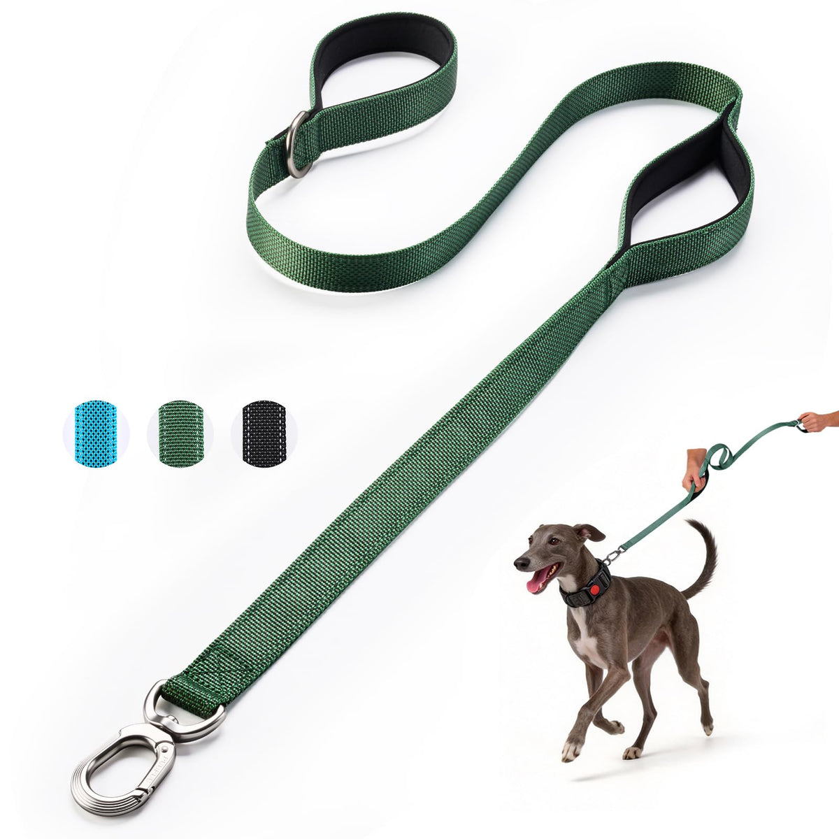 Heavy Duty Dog Leash with Easy Lock Metal Clip, Reflective, Padded Handle - Durable 4ft Walking Training Green Leash for Large, Medium, Small Dogs, Jogging, Hiking, and Outdoor Use