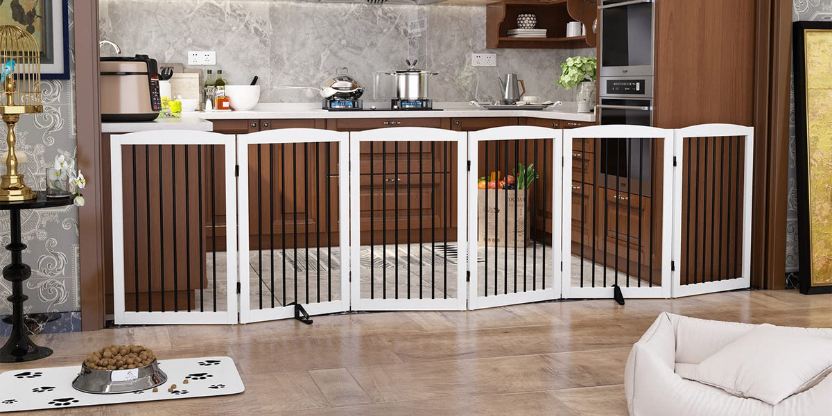 PUPETPO Freestanding Pet Gate for Dogs, Foldable Wooden Dog Gate for House, Indoor Pet Barrier for Stairs, Doorways, Support Feet Included, 24" Height 2 Panels, White