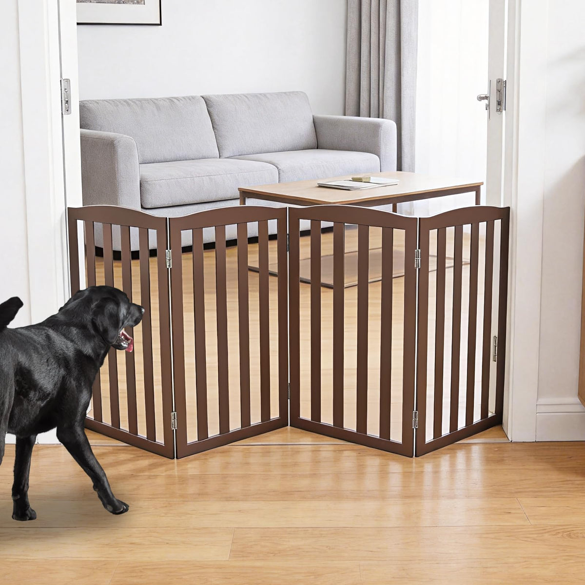 ZJSF Foldable Freestanding Indoor Dog Gate for House Wood White Long Pet Gates Dog Fence for Stairs Puppy Gates for Hallways, Puppy Gate,Support Feet Included, Brown, 24 "Height-3 Panels
