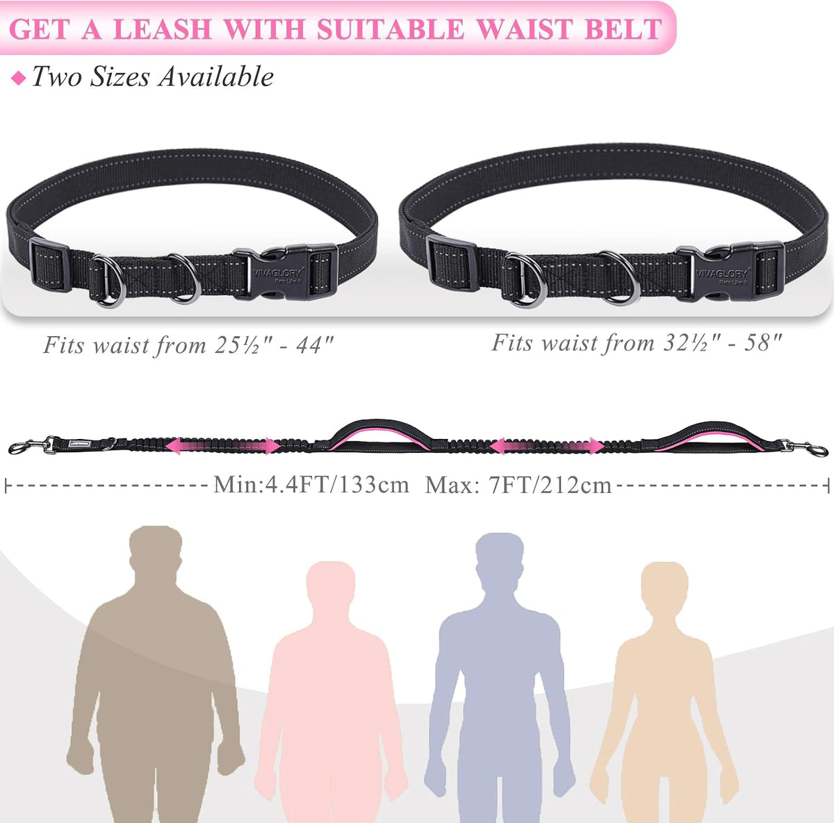 VIVAGLORY Hands Free Dog Leash Bungee Waist Leash for Dog, S, Black/Pink2