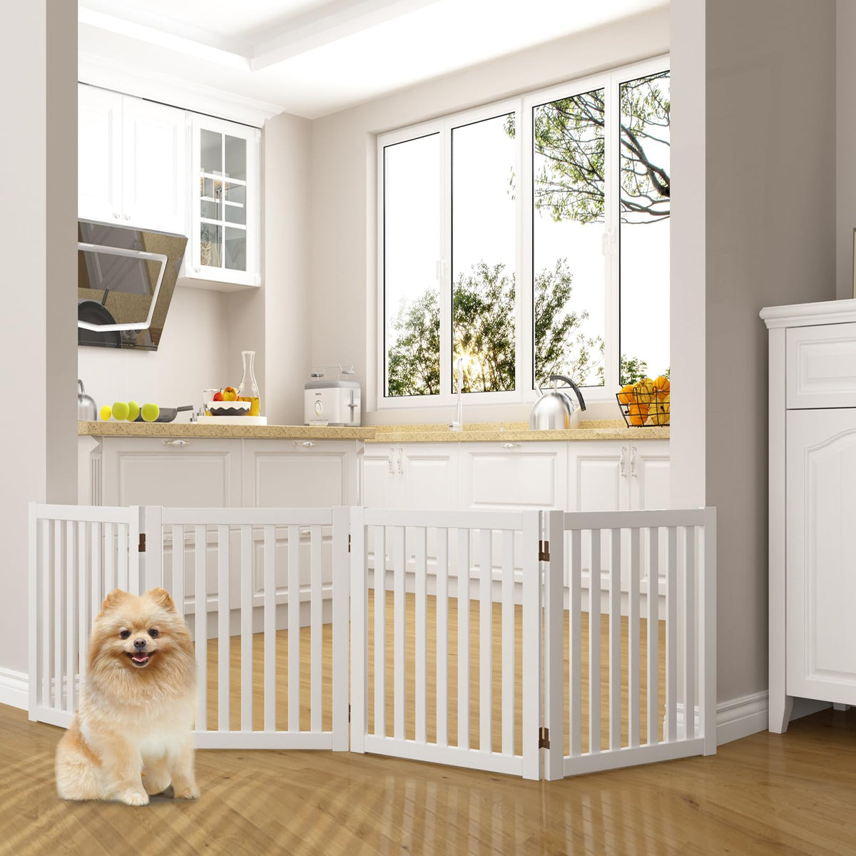 WELLAND Freestanding Dog Gate, Indoor Folding Pet Gate, 3-Panel Espresso