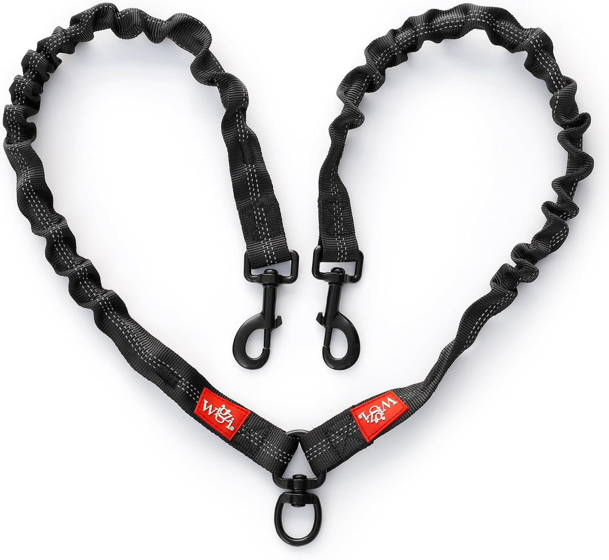 Double Dog Leash, 360° Swivel, No Tangle, for Two Dogs 20-175 lbs, Split Leash, Reflective and Shock-Absorbing Bungee, Padded Handle, Heavy-Duty Rope, Black