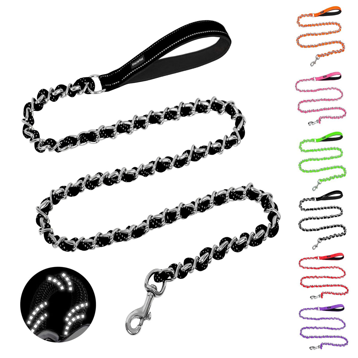 HOMIMP Chew Proof Dog Leash for Medium Large Dogs, Reflective 6 FT Heavy Duty Metal Chain Dog Leashes with Soft Padded Handle, Anti Bite Durable Rope Leashes for Pitbull, Non Chewable