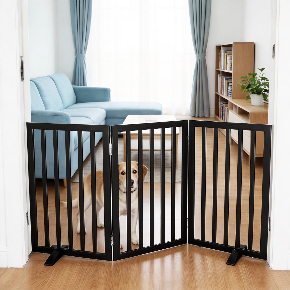 Dog Gate Indoor, Freestanding Dog Fence for The House, Doorways, Hallways,or Stairs,Pet Gate Foldable Wooden,Expandable 24" Height 3 Panels,Brown