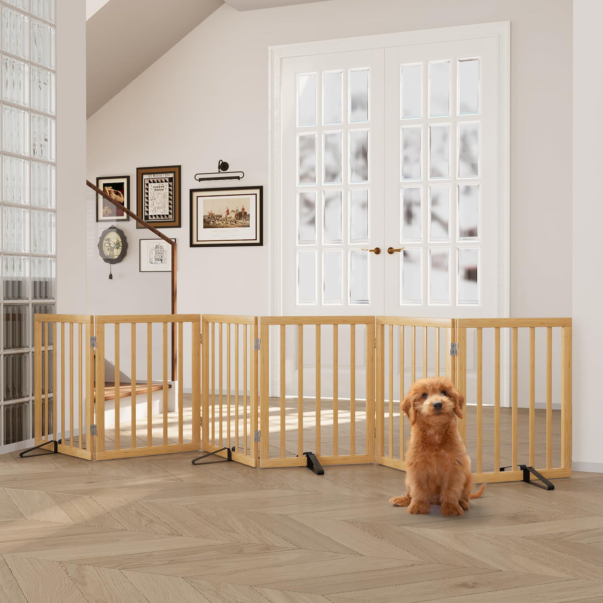 Semiocthome Dog Gate Indoor 2-Panel Freestanding Puppy Gates for The House with 2 Metal Stands 24" H Folding Wood Pet Gate for Stairs Doorway, Fully Assembled Safety Fence - Walnut