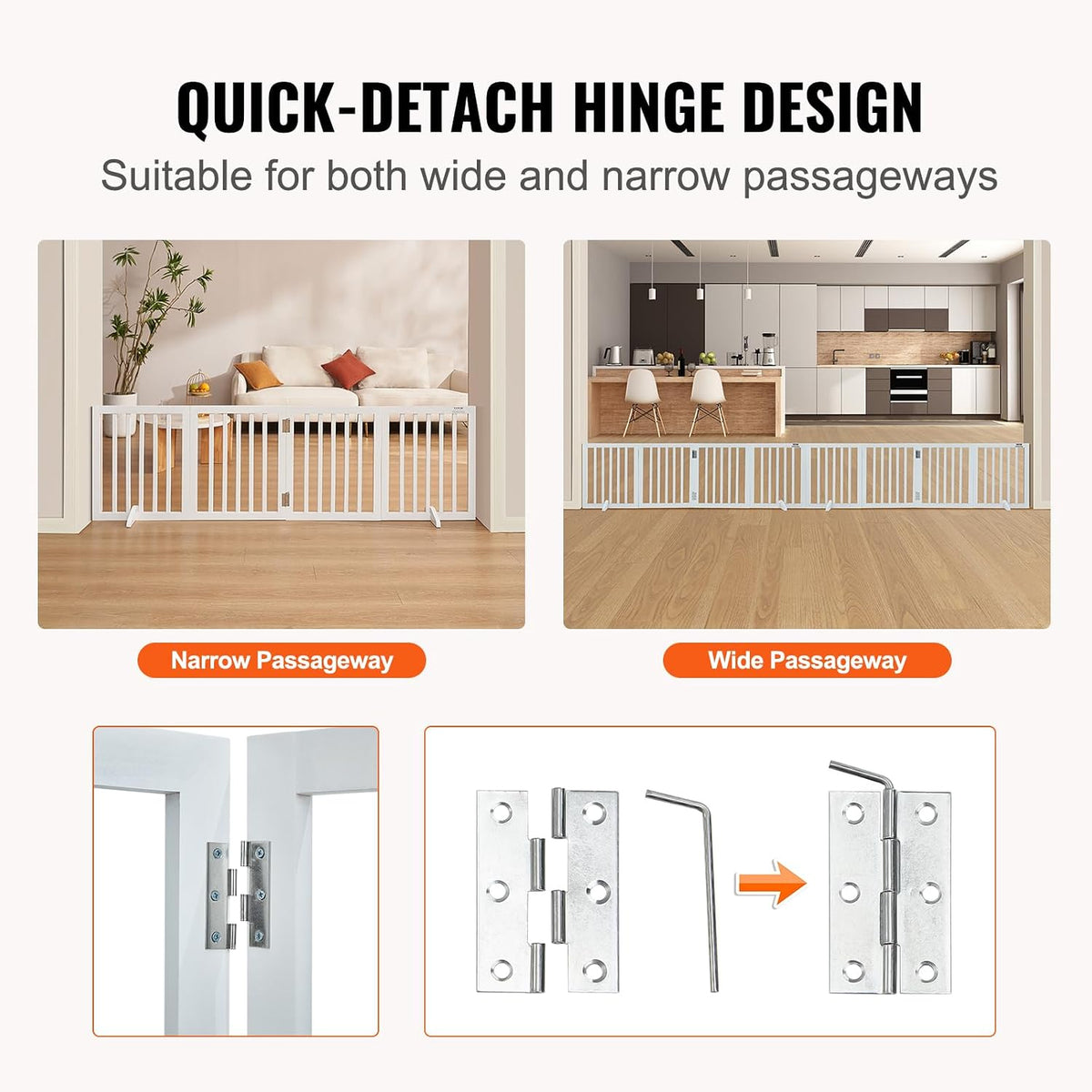 VEVOR Freestanding Pet Gate, Wooden 24" H x 80" W, 4-Panel Foldable Gate for Wide & Narrow Passageways, Expandable Dog Barrier with Silent Foot Support, White
