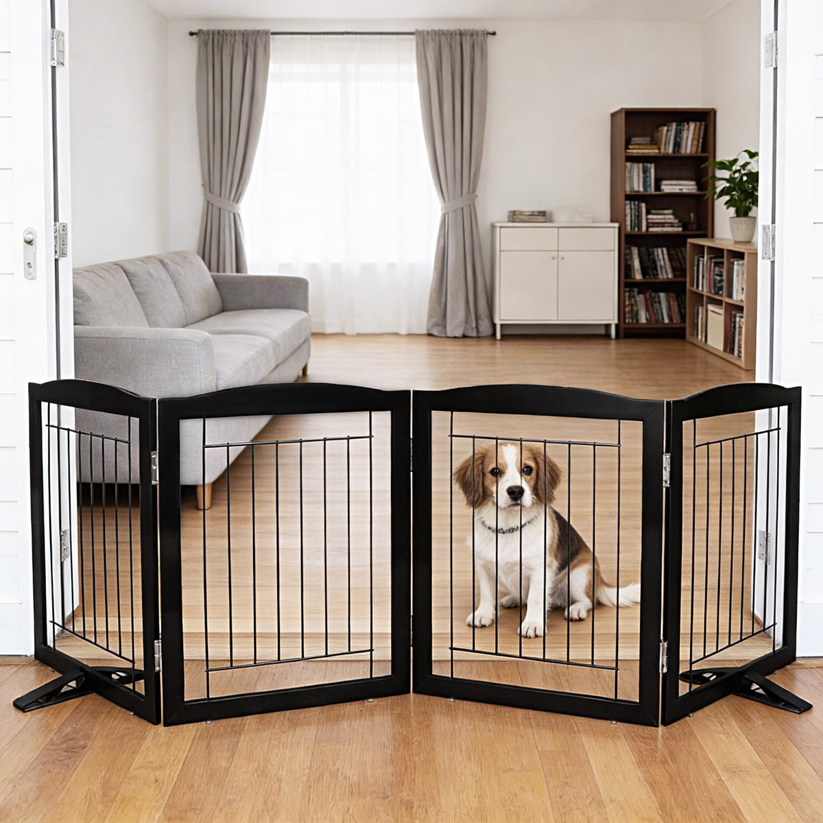 Dog Fence Indoor,Dog Gate Indoor for Doorway pet gate -3-Panel Freestanding, Hallways, House or Stairs -60x24-Inch Retractable Foldable Expandable Wood Pet by SFJC (Brown) ﻿