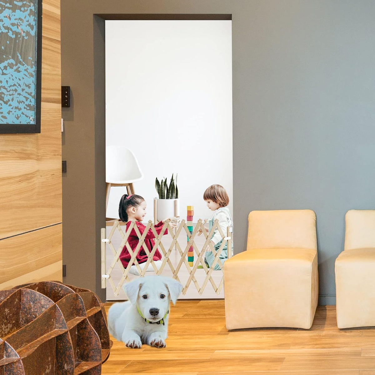 Wooden Dog Gate Retractable Pet Fence,Garden Lawn Portable Pets Safety Door