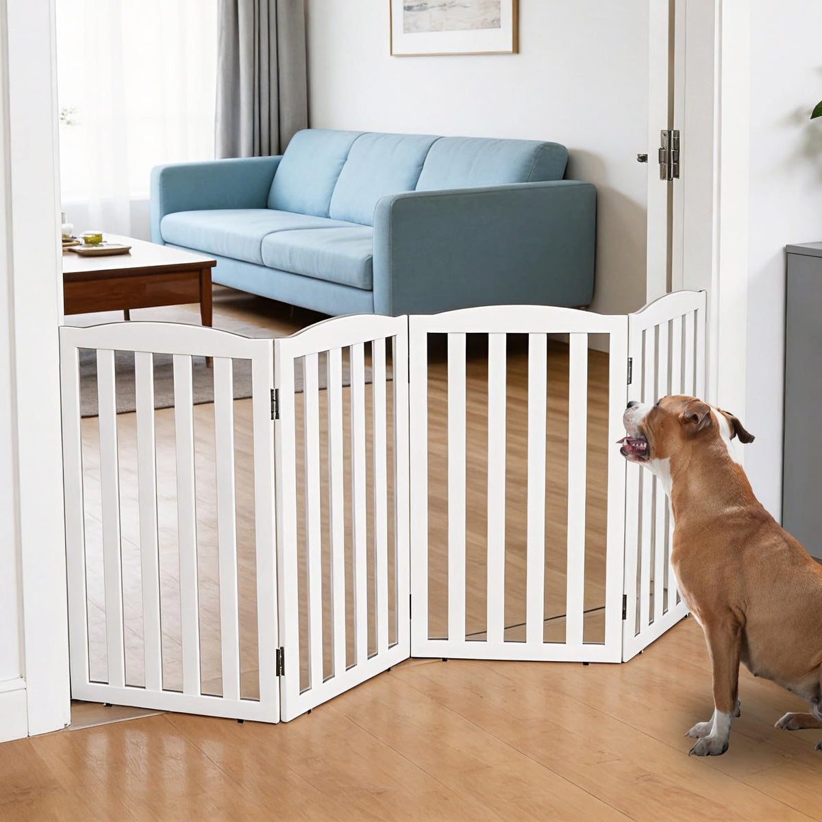 Freestanding Dog Gate Indoor,Doggie Gate Foldable Pet Gates for Doorways,Stairs or Hallways, Wooden White Pet Gate for the House, Pet Fence with Support Feet Included,24 "Height-3 Panels