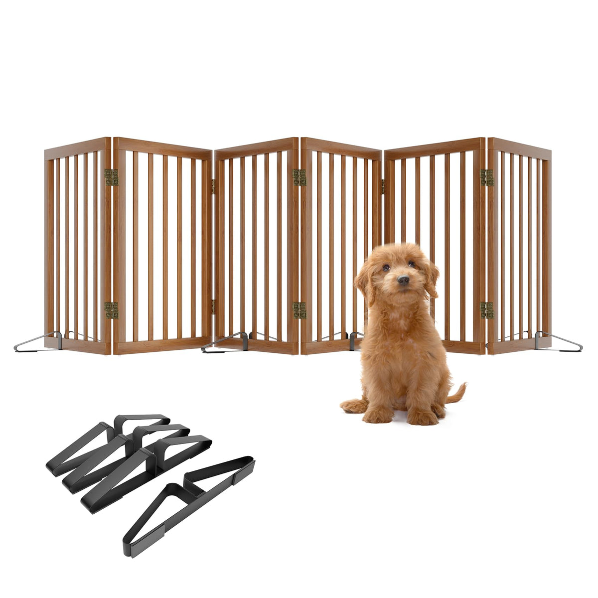 Freestanding Pet Gate Foldable 4 Panel Dog Gate Walnut Dog Gates for Stair Doorways House Indoor (2 Support Feet Included)