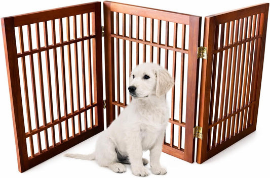 Urnporium Freestanding Wooden Dog Gate Foldable Indoor Pet Gate No Drill Expandable Barrier for Doorways Stairs Hallways Portable Wood Fence for Small Dogs & Puppies (Brown Pet Gate, 3 Panel 24" Tall)